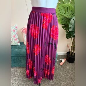 Womens Purple Floral Pleated Midi Skirt